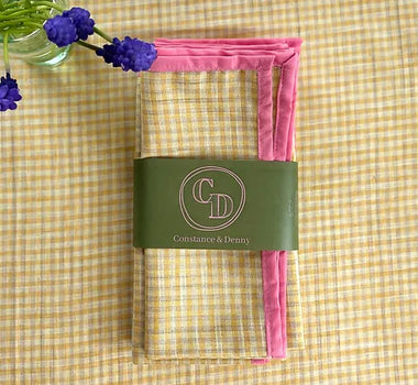 Mustard Gingham and pink trim napkins Set of 4