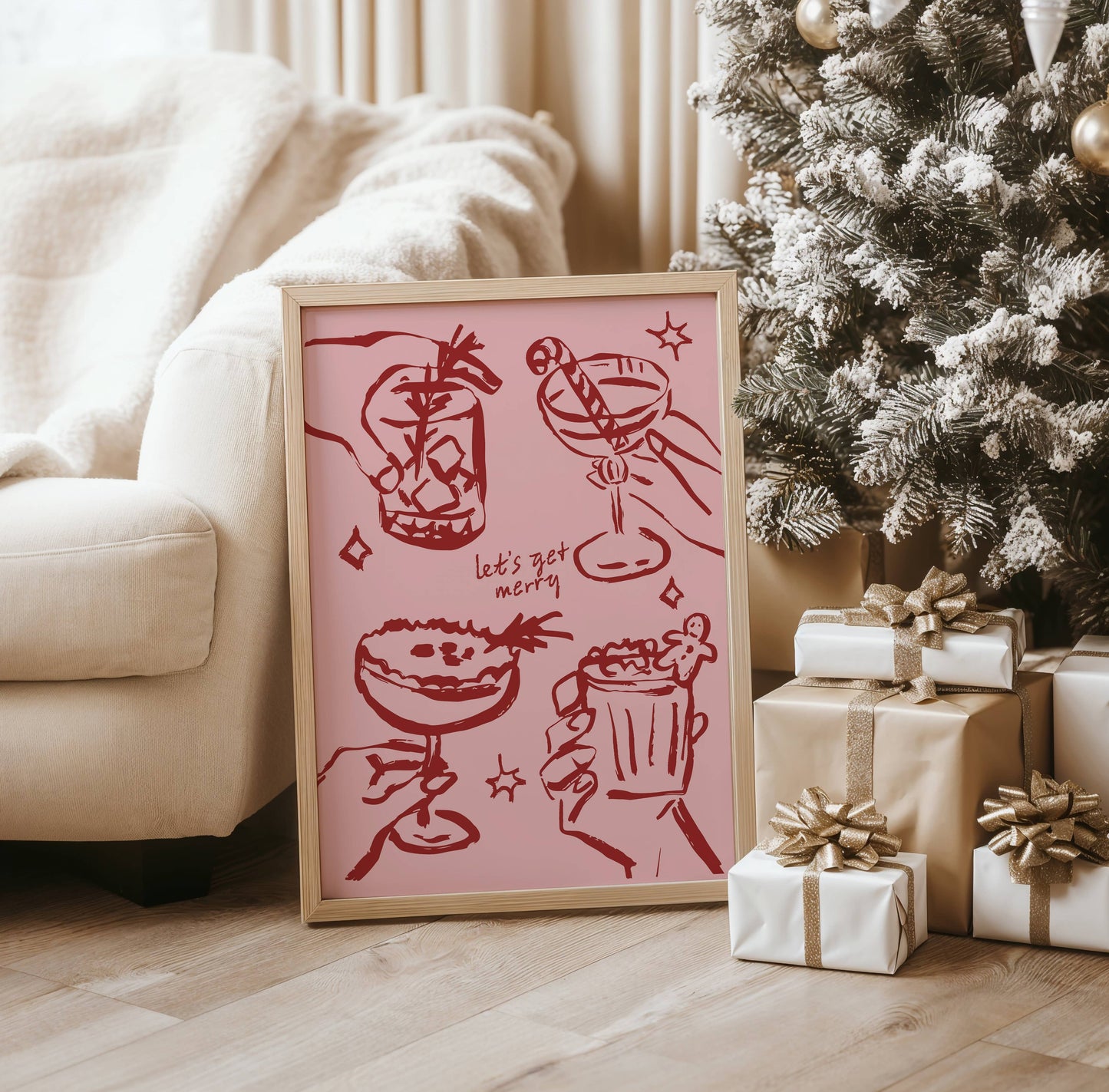 Moonshine Prints - Christmas Cocktails Pink & Red Print