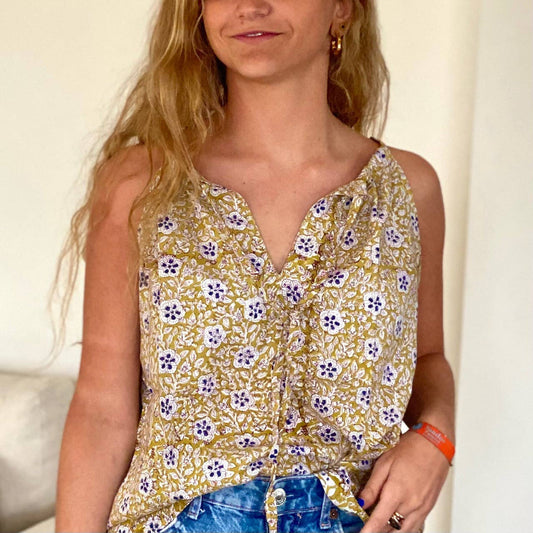 Indian Cotton Yellow flower sleeveless blouse
