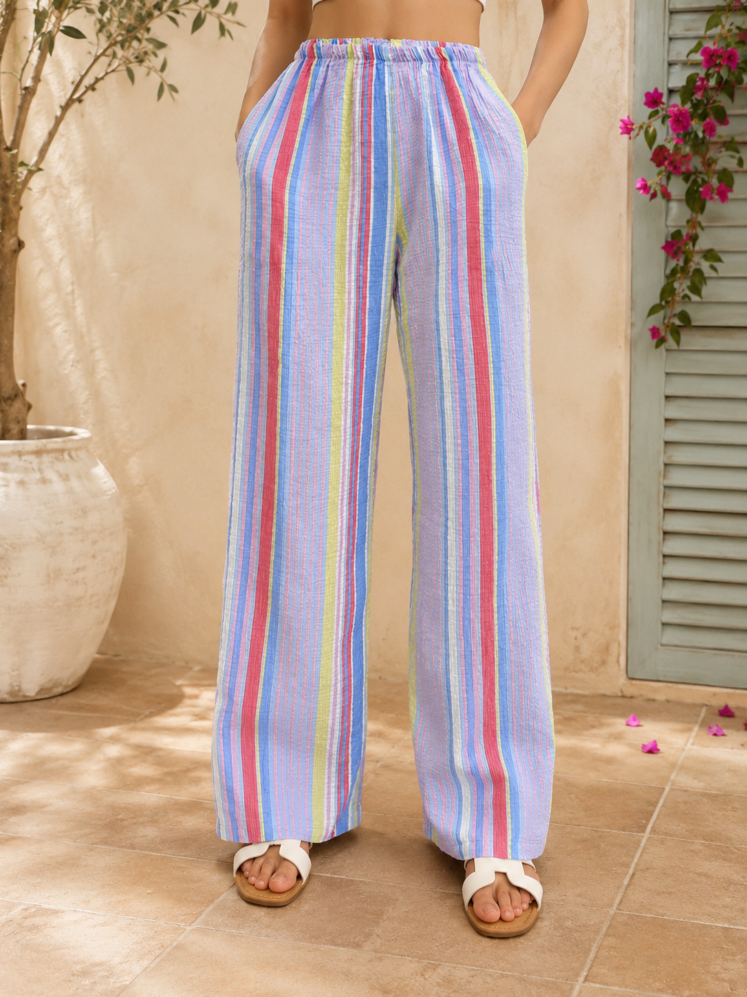 Lucy Sparks - Multi-Colour Stripe Cotton Wide Leg Trousers