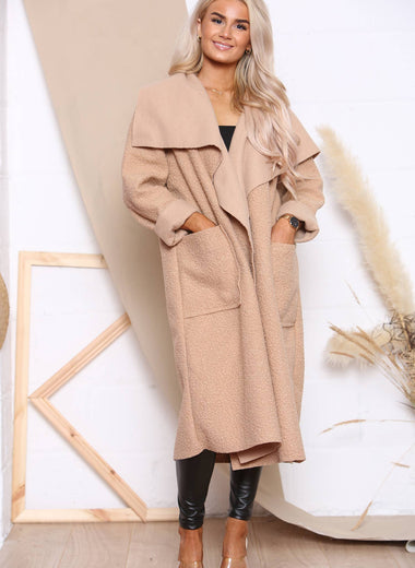 Layla long sleeve open winter coatigan - teddy beige