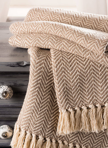 Herringbone Cotton Throw in Beige